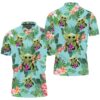 Baby Yoda Hugging Grapes Seamless Tropical Leaves Colorful Flowers On Green Polo Shirt