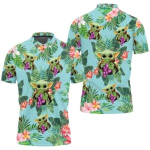 Baby Yoda Hugging Grapes Seamless Tropical Leaves Colorful Flowers On Green Polo Shirt