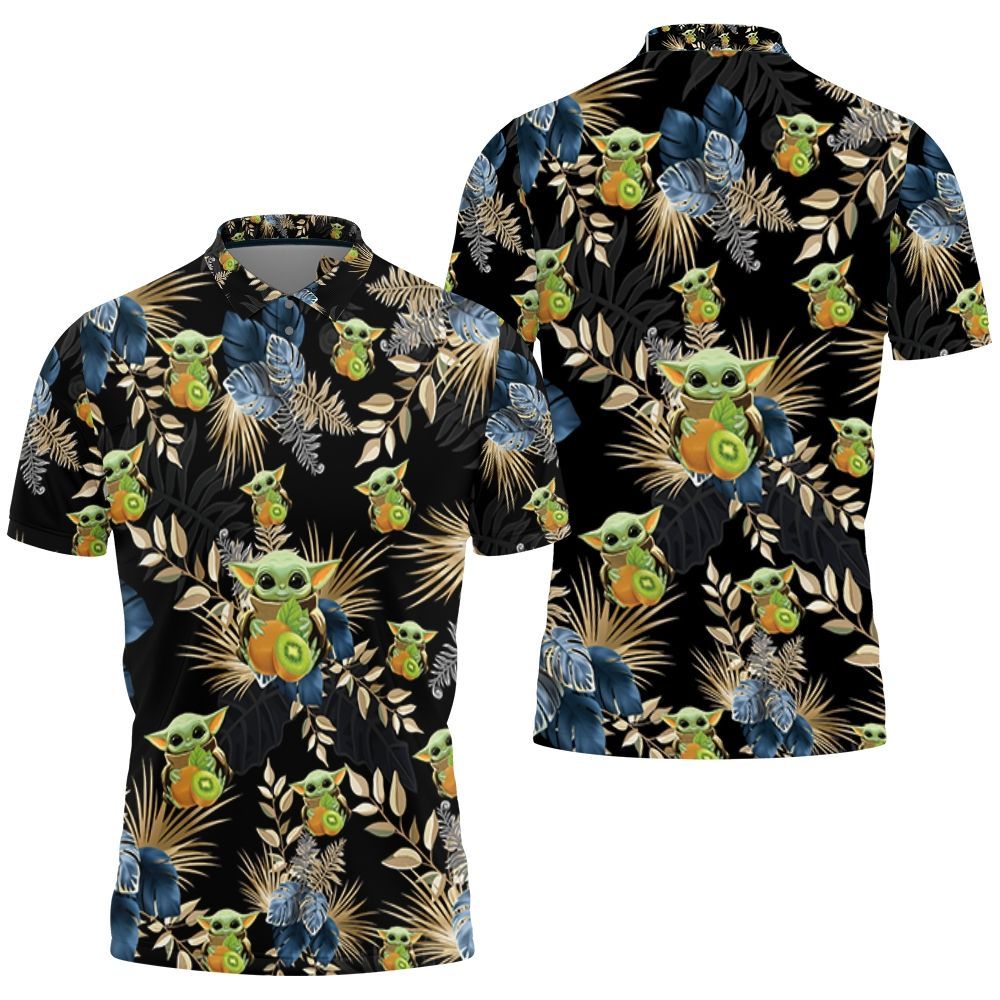 Baby Yoda Hugging Kiwis Blue Seamless Tropical Colorful Flowers On Black Polo Shirt Baby Yoda Hugging Kiwis Blue Seamless Tropical Colorful Flowers On Black Polo Shirt