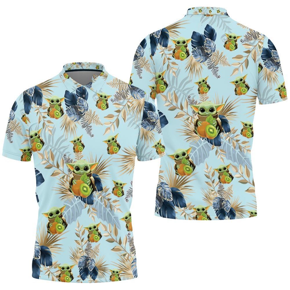 Baby Yoda Hugging Kiwis Blue Seamless Tropical Colorful Flowers On Teal Polo Shirt Baby Yoda Hugging Kiwis Blue Seamless Tropical Colorful Flowers On Teal Polo Shirt