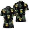 Baby Yoda Hugging Kiwis Seamless Tropical Green Leaves On Black Polo Shirt