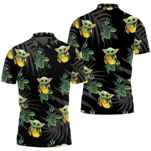 Baby Yoda Hugging Kiwis Seamless Tropical Green Leaves On Black Polo Shirt