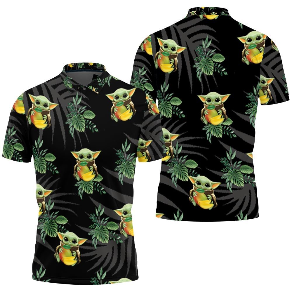 Baby Yoda Hugging Kiwis Seamless Tropical Green Leaves On Black Polo Shirt Baby Yoda Hugging Kiwis Seamless Tropical Green Leaves On Black Polo Shirt