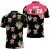 Baby Yoda Hugging Kiwis Seamless Tropical Leaves Lotuses On Black Polo shirt