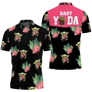 Baby Yoda Hugging Kiwis Seamless Tropical Leaves Lotuses On Black Polo shirt