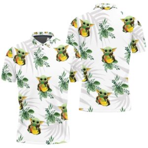Baby Yoda Hugging Peaches Seamless Tropical Green Leaves On White Polo shirt
