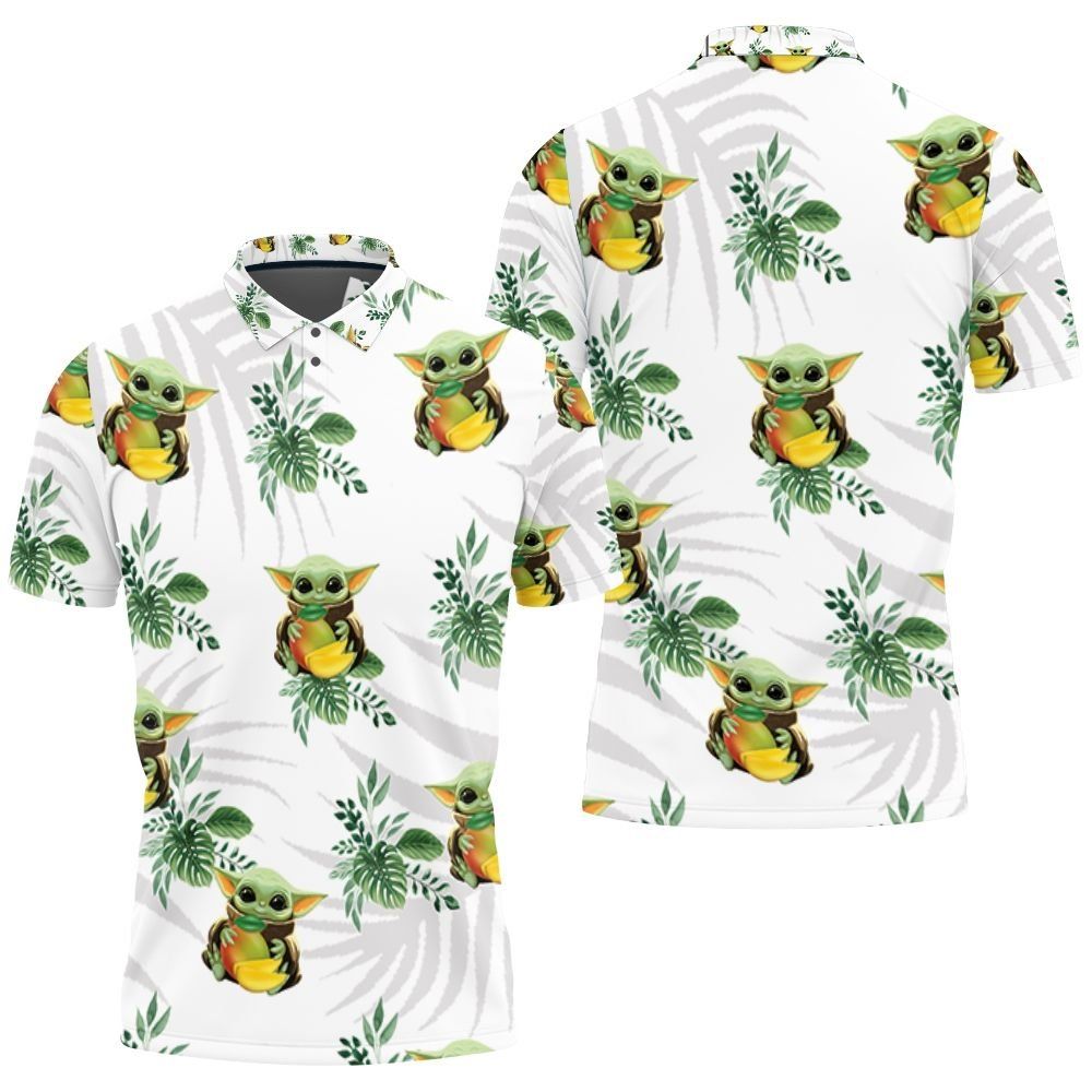 Baby Yoda Hugging Peaches Seamless Tropical Green Leaves On White Polo shirt Baby Yoda Hugging Peaches Seamless Tropical Green Leaves On White Polo shirt