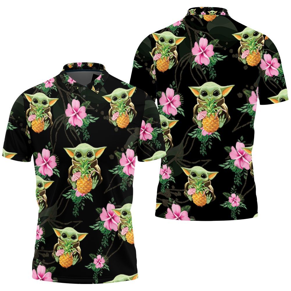 Baby Yoda Hugging Pineapples Seamless Tropical Colorful Flowers On Black Polo Shirt Baby Yoda Hugging Pineapples Seamless Tropical Colorful Flowers On Black Polo Shirt