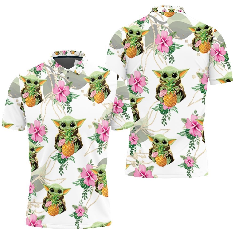 Baby Yoda Hugging Pineapples Seamless Tropical Colorful Flowers On White Polo Shirt Baby Yoda Hugging Pineapples Seamless Tropical Colorful Flowers On White Polo Shirt