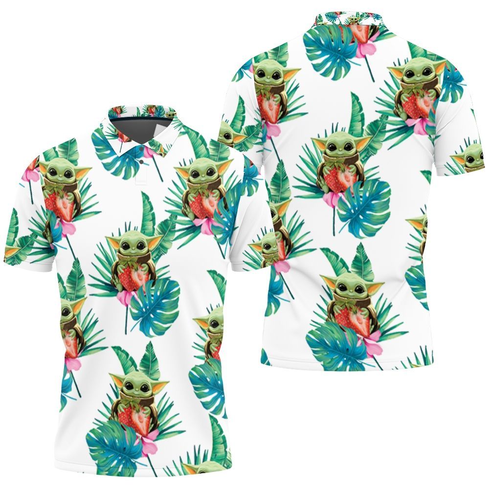 Baby Yoda Hugging Strawberries Seamless Tropical Green Leaves On White Polo Shirt Baby Yoda Hugging Strawberries Seamless Tropical Green Leaves On White Polo Shirt