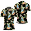 Baby Yoda Hugging Surf Boards Seamless Tropical Green Leaves On Black Polo shirt