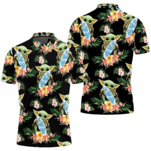 Baby Yoda Hugging Surf Boards Seamless Tropical Green Leaves On Black Polo shirt