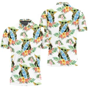 Baby Yoda Hugging Surf Boards Seamless Tropical Green Leaves On White Polo Shirt