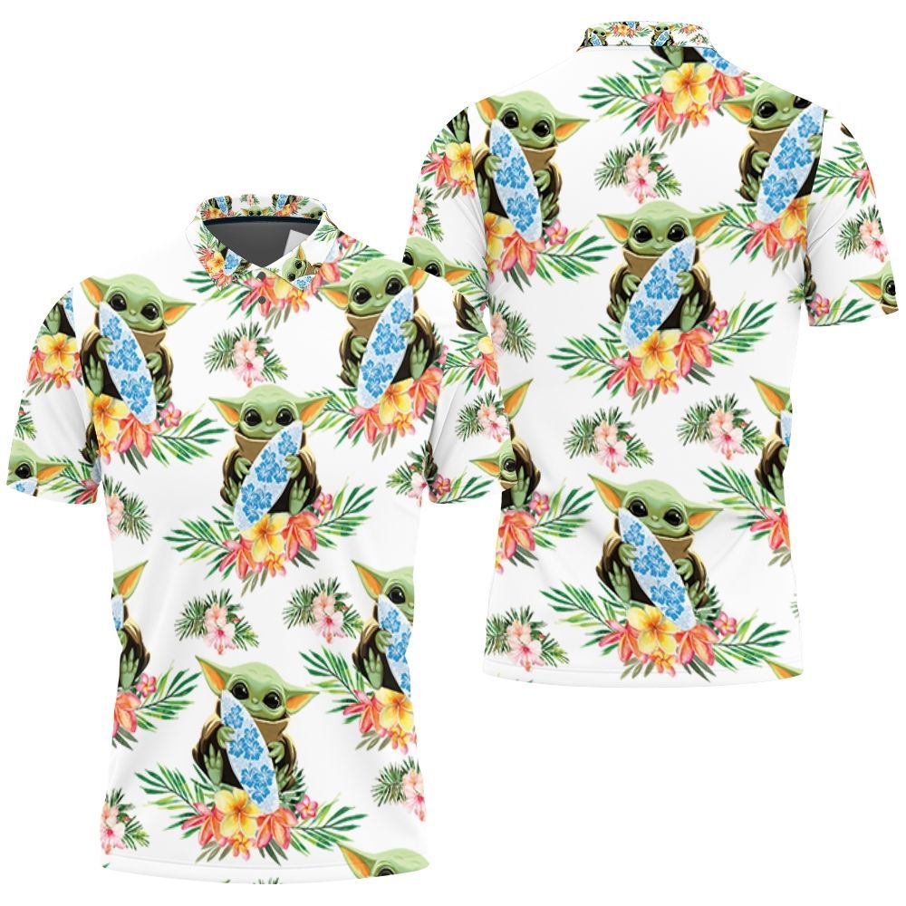 Baby Yoda Hugging Surf Boards Seamless Tropical Green Leaves On White Polo Shirt Baby Yoda Hugging Surf Boards Seamless Tropical Green Leaves On White Polo Shirt