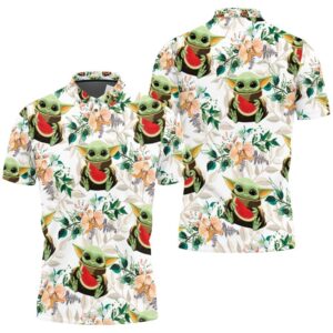 Baby Yoda Hugging Watermelons Seamless Tropical Colorful Flowers On White Polo Shirt