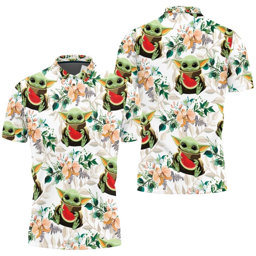 Baby Yoda Hugging Watermelons Seamless Tropical Colorful Flowers On White Polo Shirt Baby Yoda Hugging Watermelons Seamless Tropical Colorful Flowers On White Polo Shirt