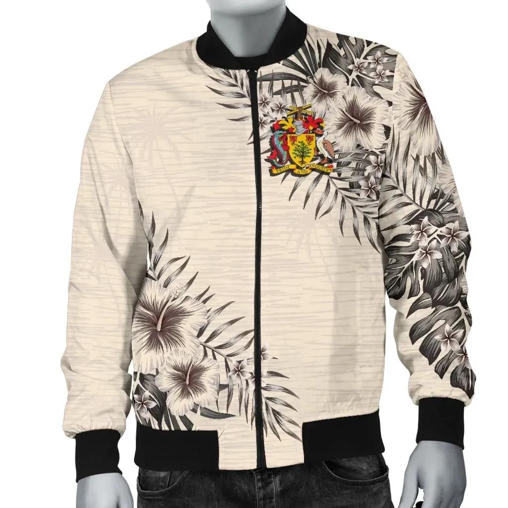 Barbados Men's Bomber Jacket - The Beige Hibiscus A7 Bomber Jacket Barbados Men's Bomber Jacket - The Beige Hibiscus A7 Bomber Jacket