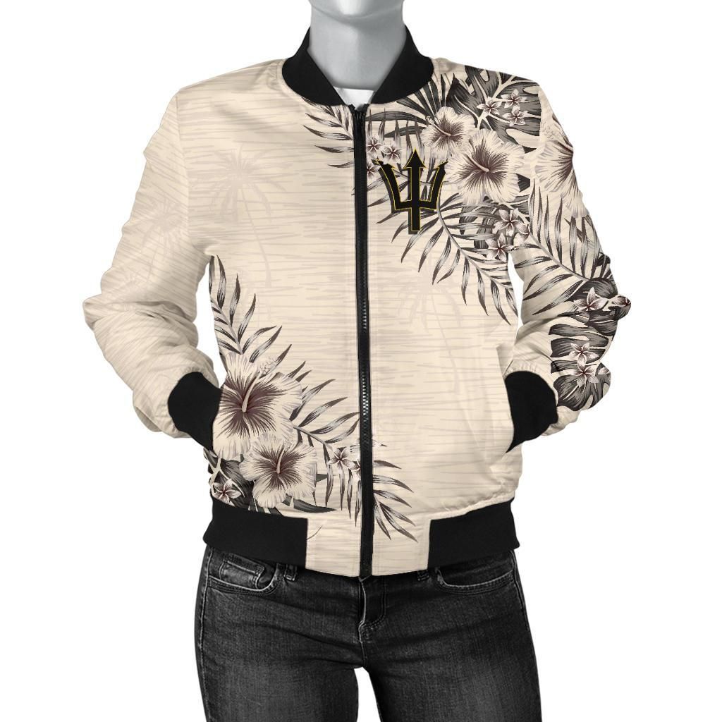 Barbados Women's Bomber Jacket - The Beige Hibiscus A7 Bomber Jacket Barbados Women's Bomber Jacket - The Beige Hibiscus A7 Bomber Jacket
