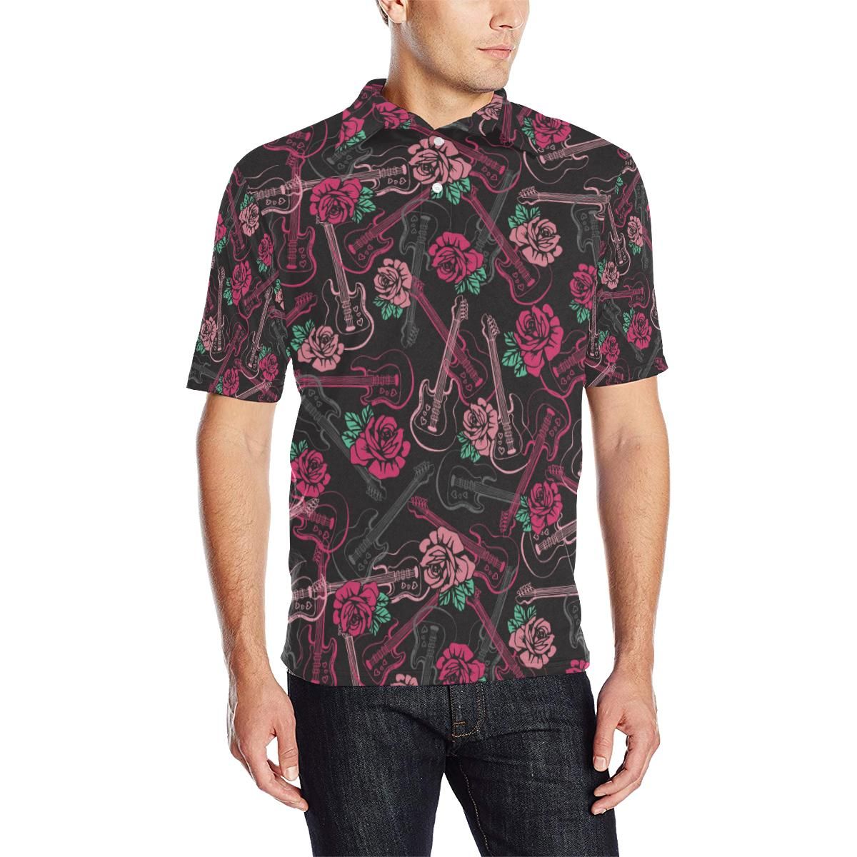 Bass Guitar Pink Rose Pattern Print Design 01 Men Polo Shirt Bass Guitar Pink Rose Pattern Print Design 01 Men Polo Shirt