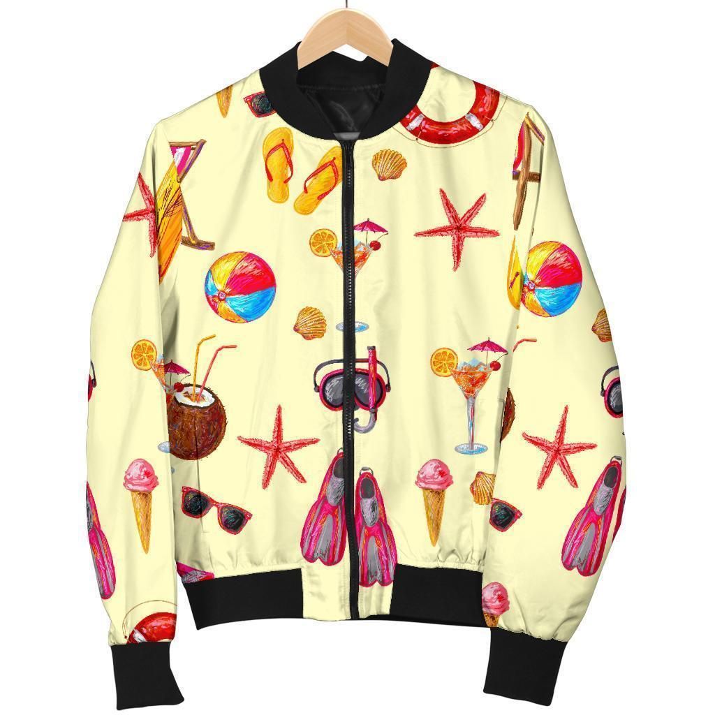Beach Pattern Print Women Casual Bomber Jacket Beach Pattern Print Women Casual Bomber Jacket