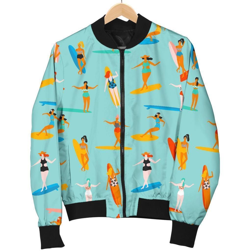 Beach Surfing Pattern Print Women Casual Bomber Jacket Beach Surfing Pattern Print Women Casual Bomber Jacket