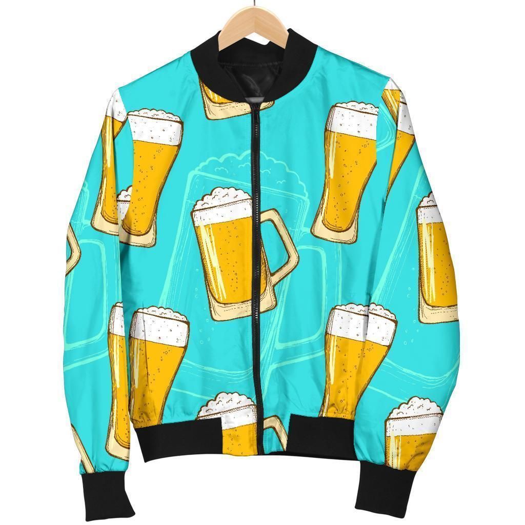Beer Blue Pattern Print Women Casual Bomber Jacket Beer Blue Pattern Print Women Casual Bomber Jacket