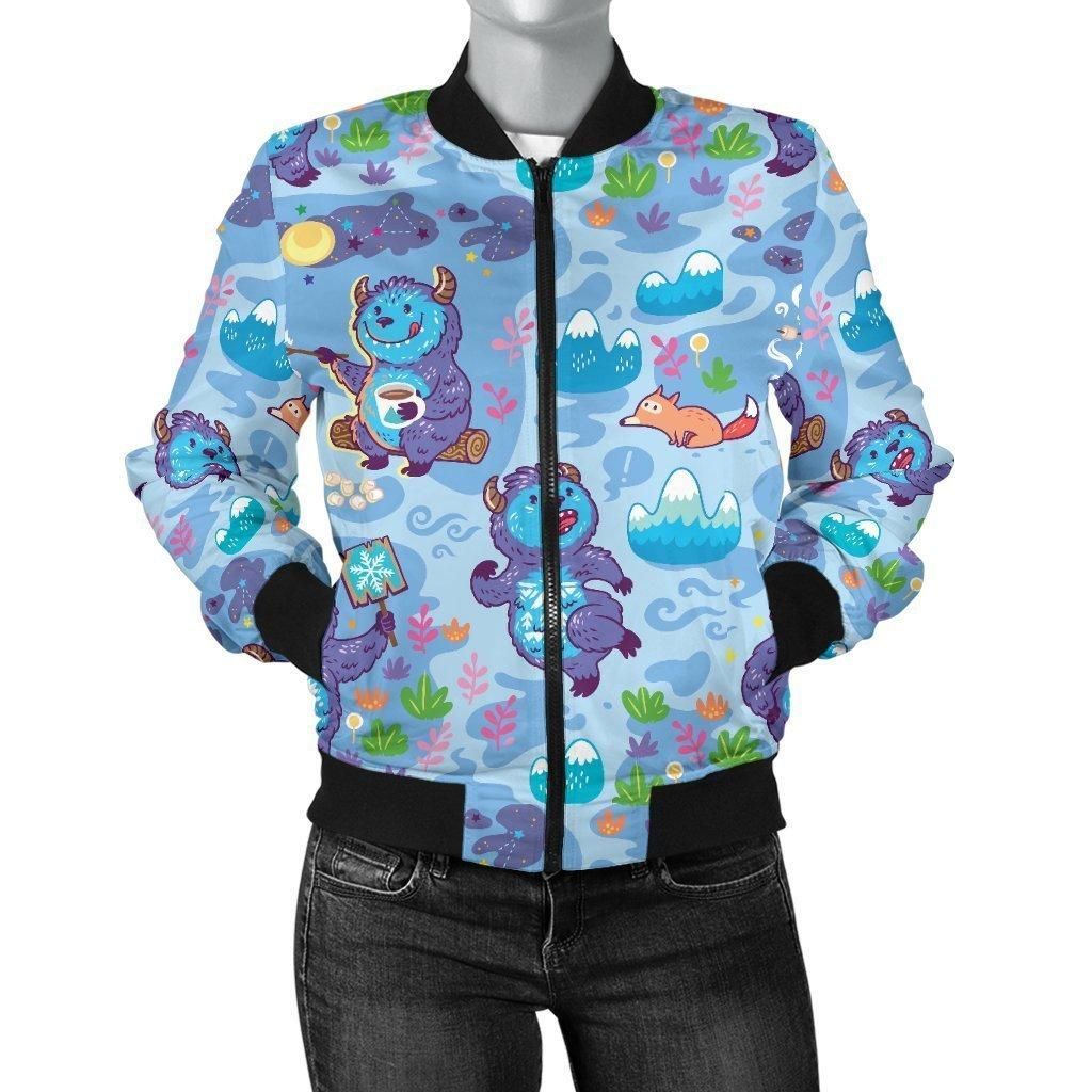 Bigfoot-Blue-Pattern-Print-Women-Casual-Bomber-Jacket-1