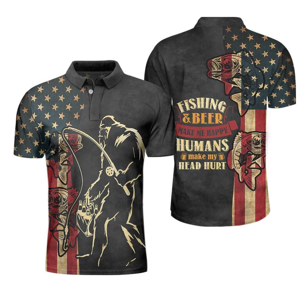 Bigfoot Fishing And Beer American Angler Polo Shirt #V Bigfoot Fishing And Beer American Angler Polo Shirt #V