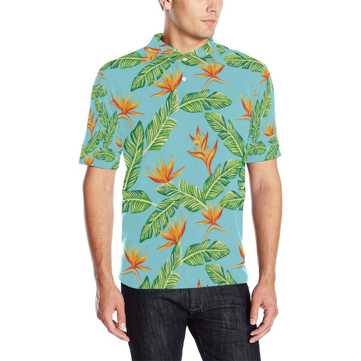Bird Of Paradise Pattern Print Design Bop04 Men Polo Shirt Bird Of Paradise Pattern Print Design Bop04 Men Polo Shirt