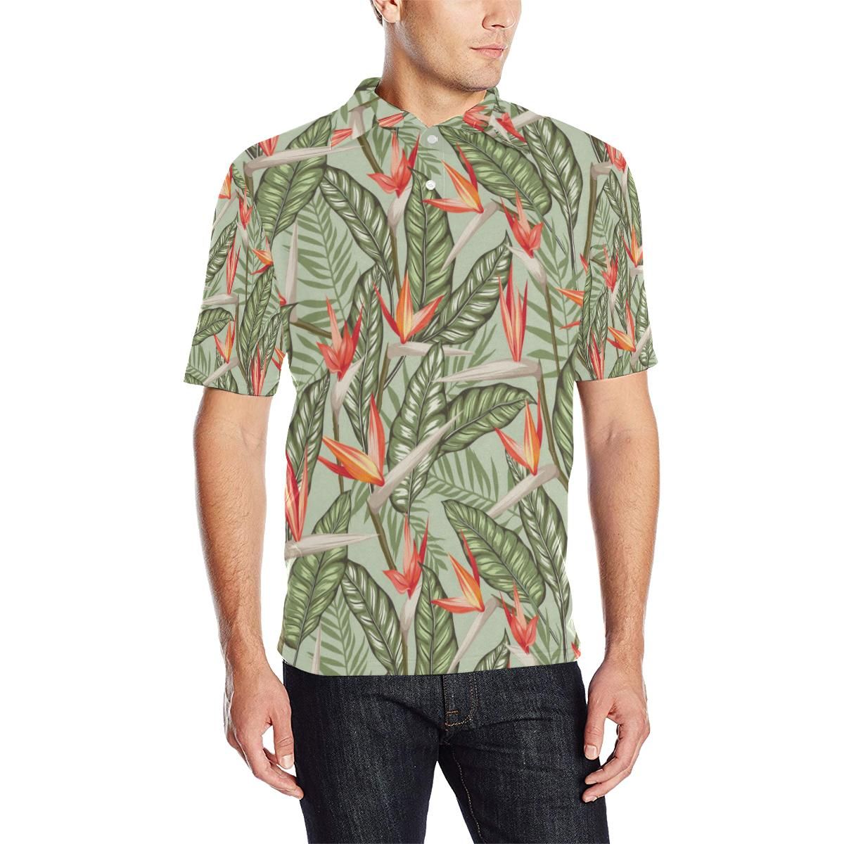 Bird Of Paradise Pattern Print Design Bop08 Men Polo Shirt Bird Of Paradise Pattern Print Design Bop08 Men Polo Shirt