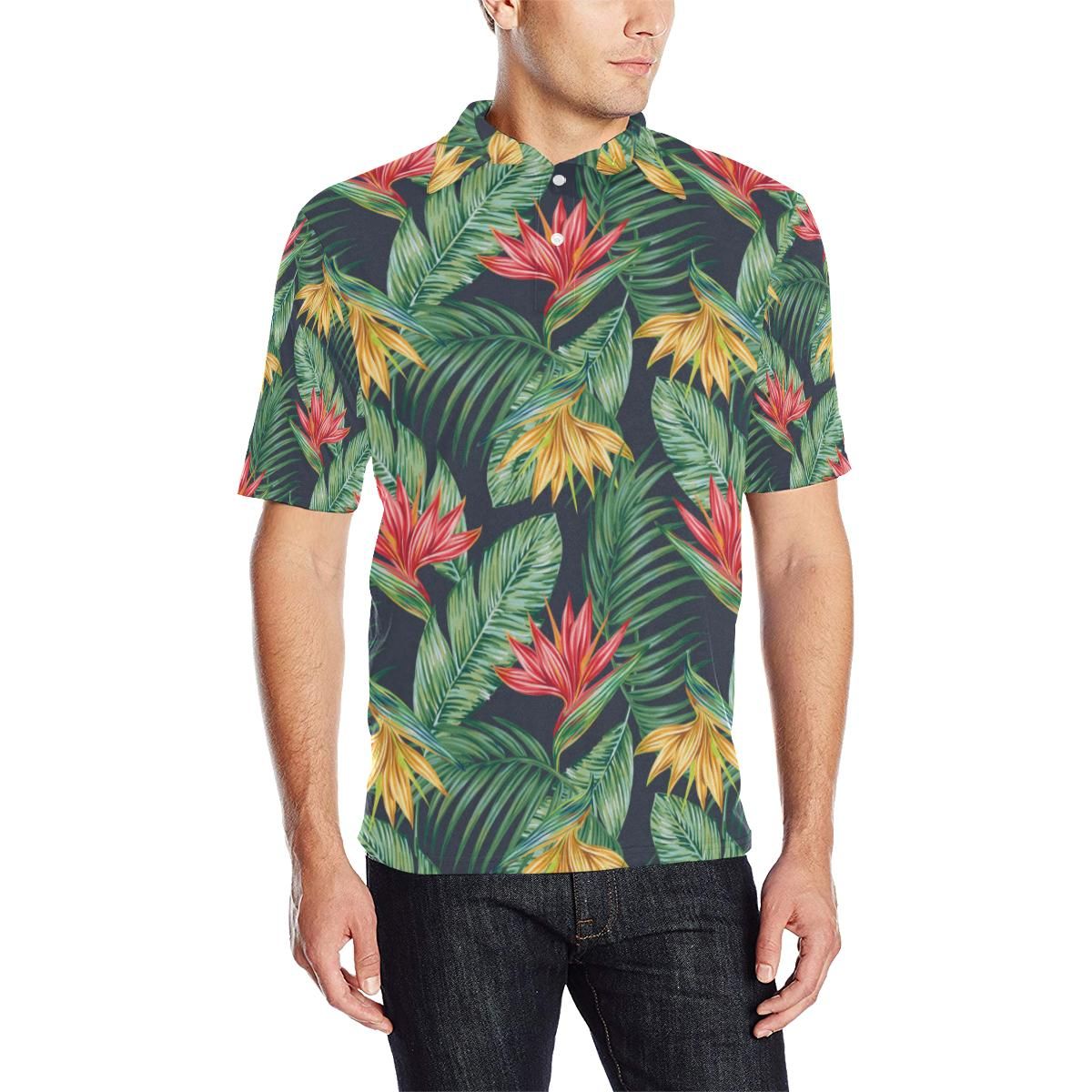Bird Of Paradise Pattern Print Design Bop09 Men Polo Shirt Bird Of Paradise Pattern Print Design Bop09 Men Polo Shirt