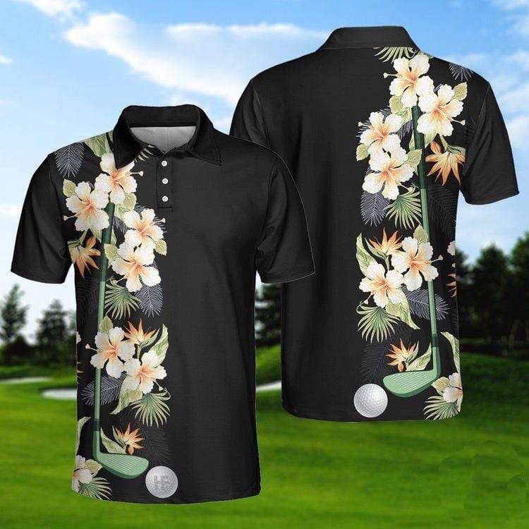 Black Golf Player Hibiscus Pattern Polo Shirt Black Golf Player Hibiscus Pattern Polo Shirt