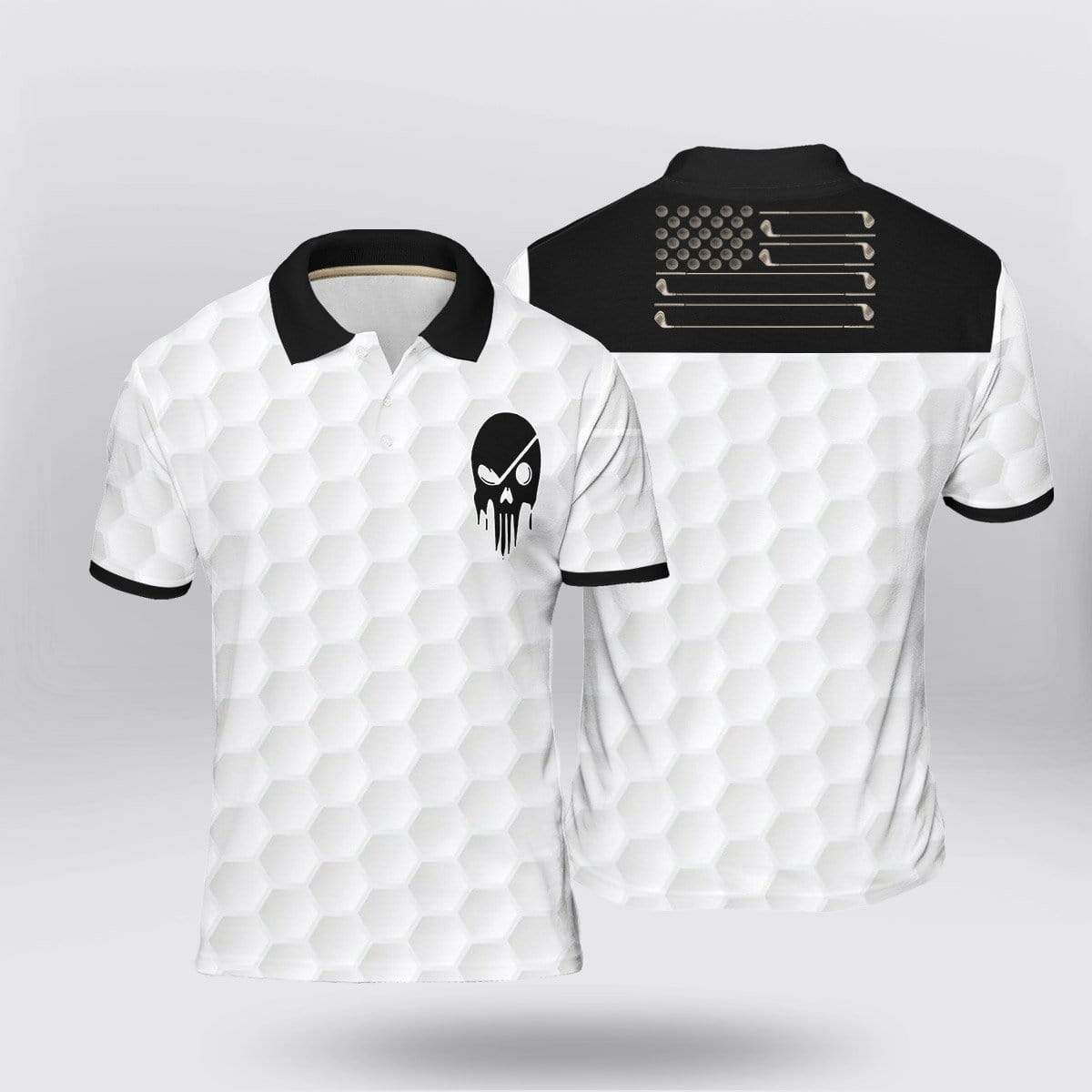Black & White American Flag Golf Skull Polo Shirt Black & White American Flag Golf Skull Polo Shirt
