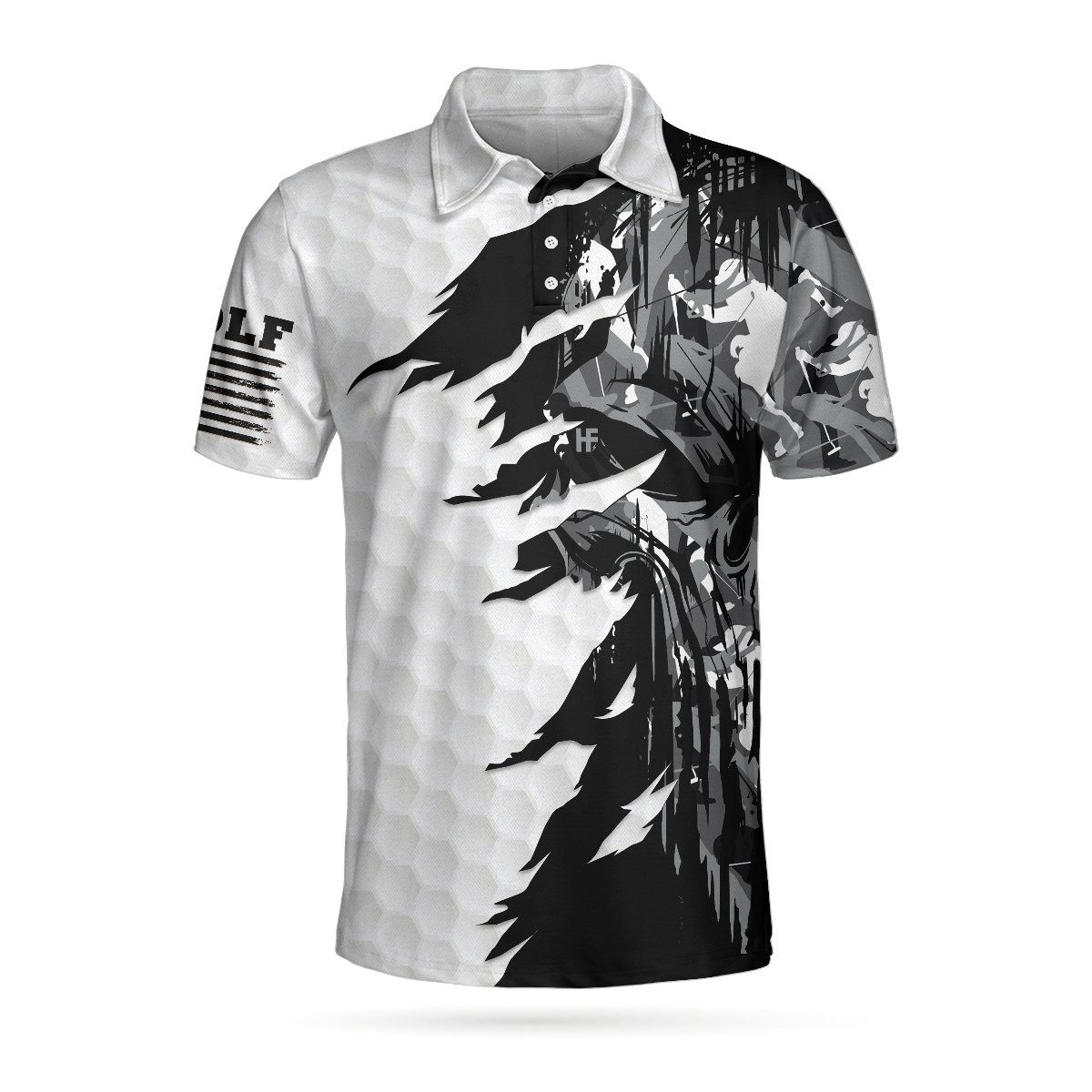 Black & White Ripped Vintage Golfing Clubs Skull Camouflaged 3D Polo Shirt Black & White Ripped Vintage Golfing Clubs Skull Camouflaged 3D Polo Shirt
