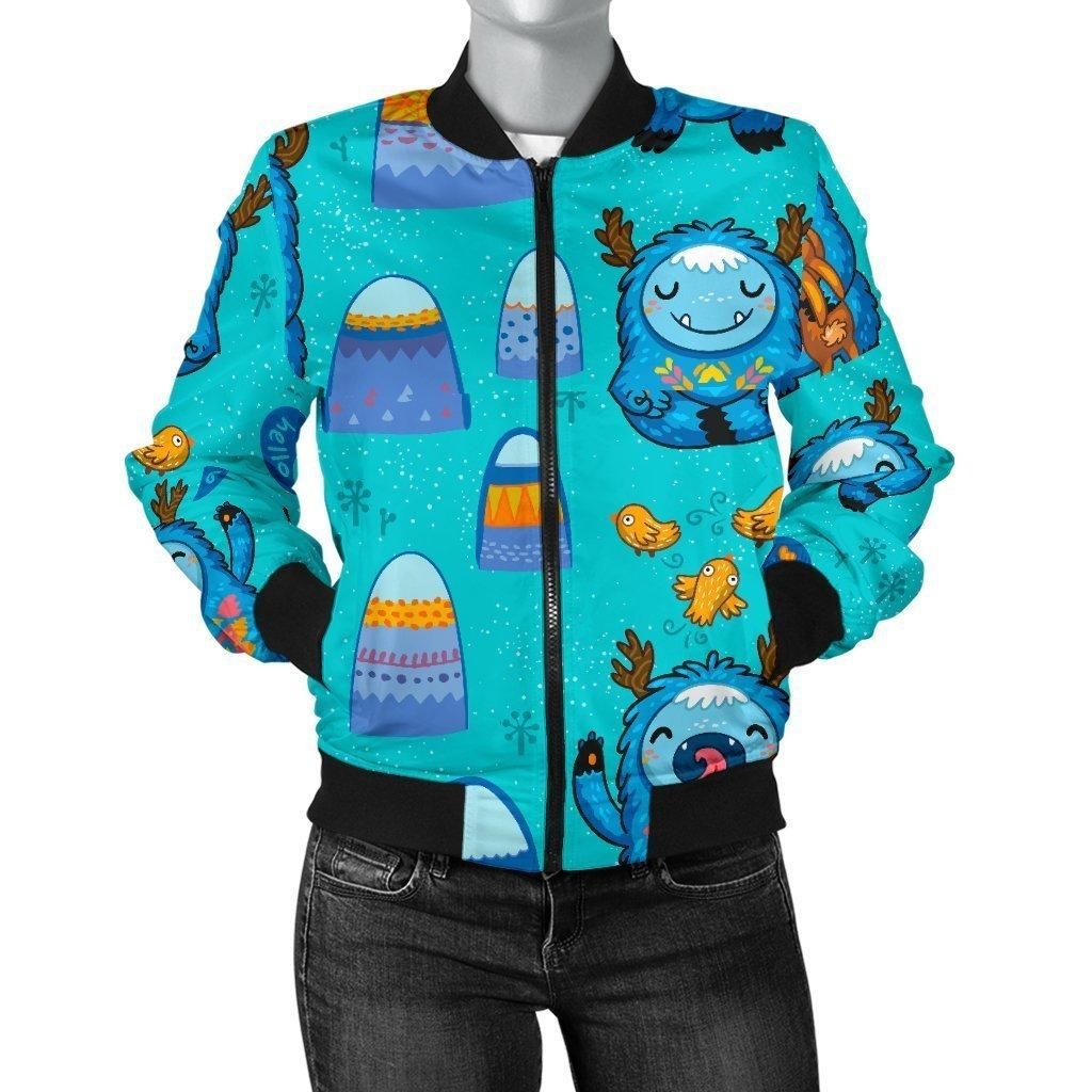 Blue-Bigfoot-Pattern-Print-Women-Casual-Bomber-Jacket-1