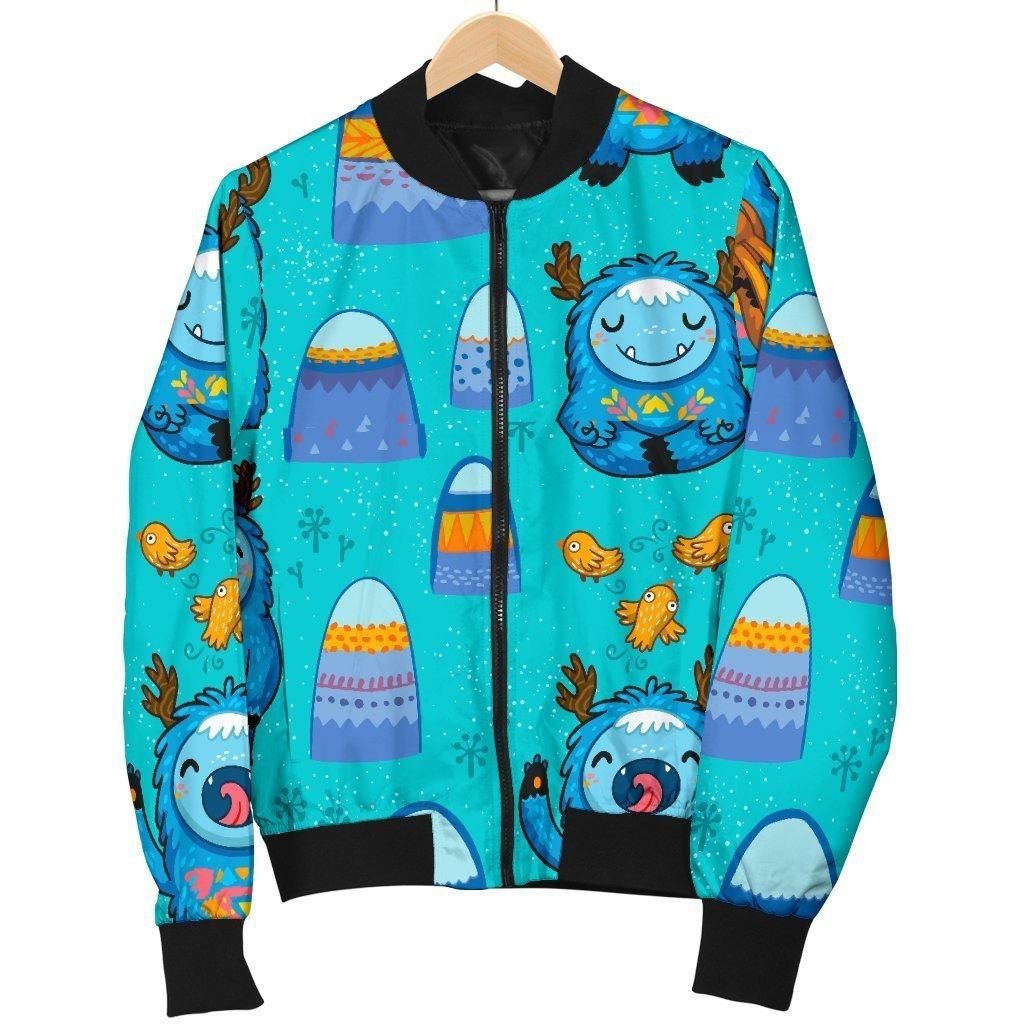 Blue Bigfoot Pattern Print Women Casual Bomber Jacket Blue Bigfoot Pattern Print Women Casual Bomber Jacket