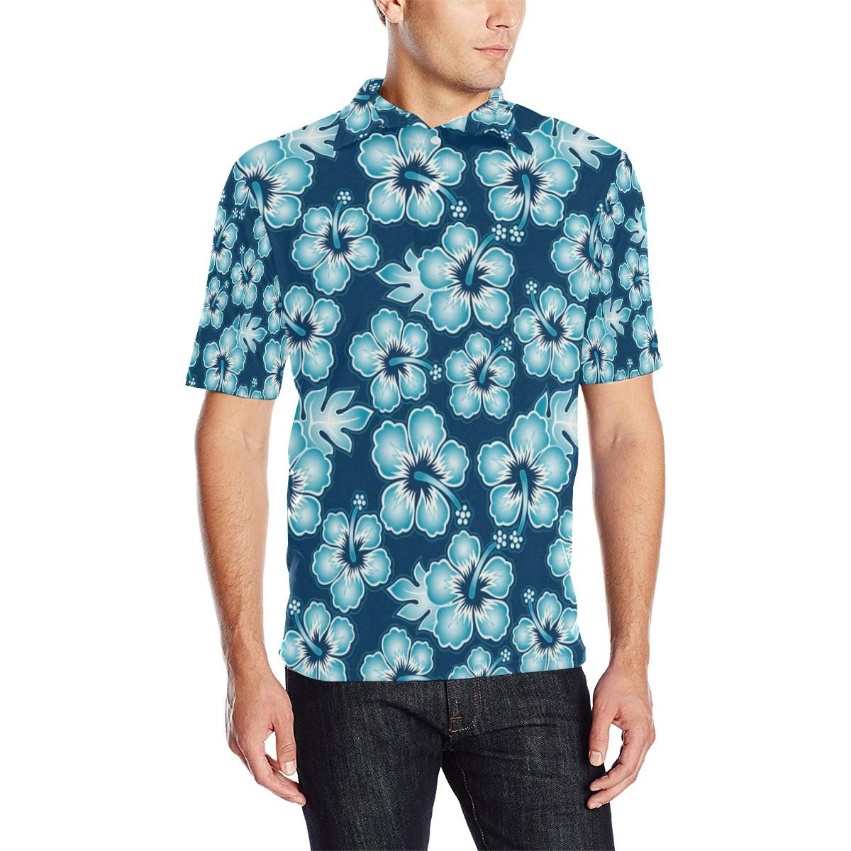 Blue Hibiscus Pattern Print Design Hb011 Men Polo Shirt Blue Hibiscus Pattern Print Design Hb011 Men Polo Shirt