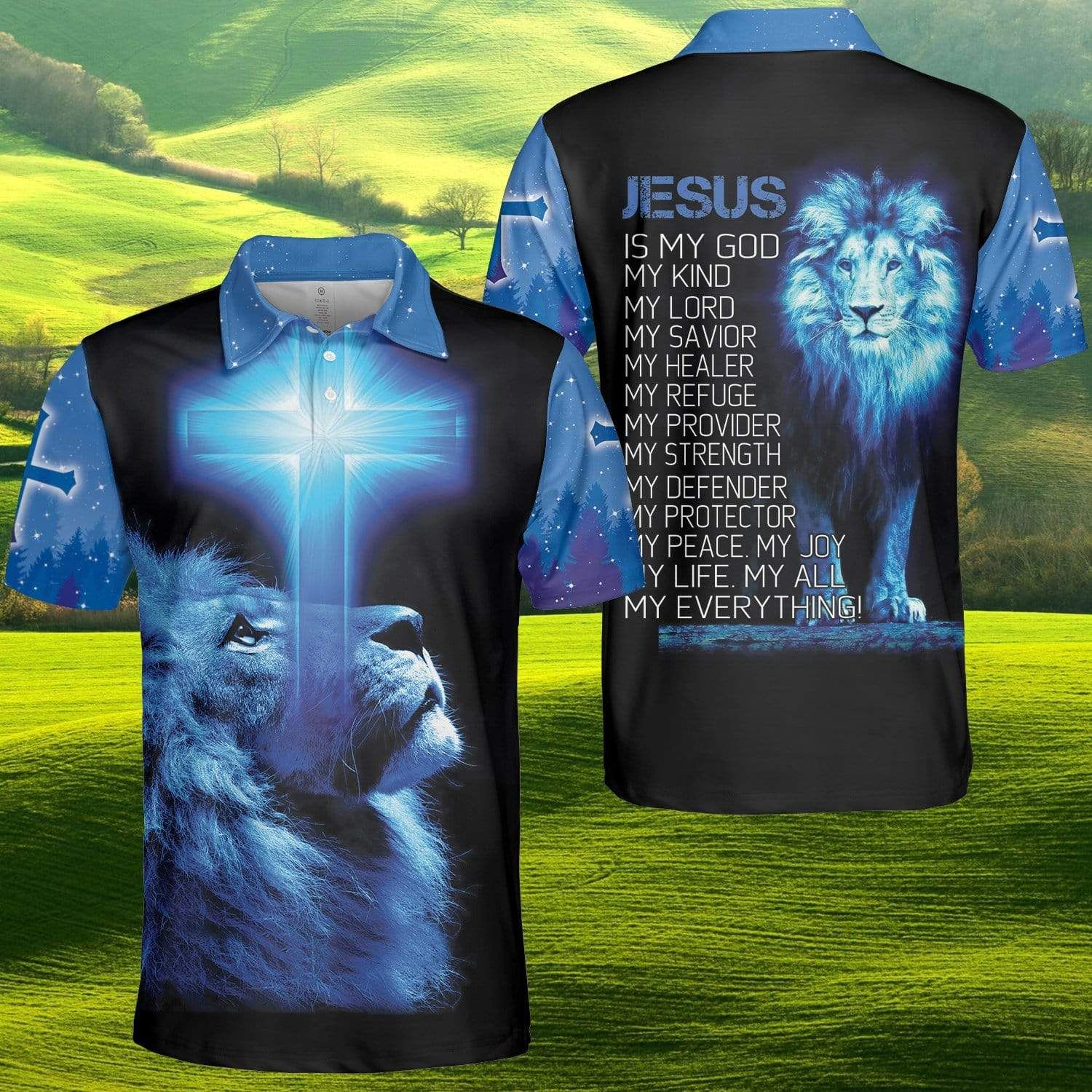 Blue Lion Cross Jesus Is My God Polo Shirt Blue Lion Cross Jesus Is My God Polo Shirt