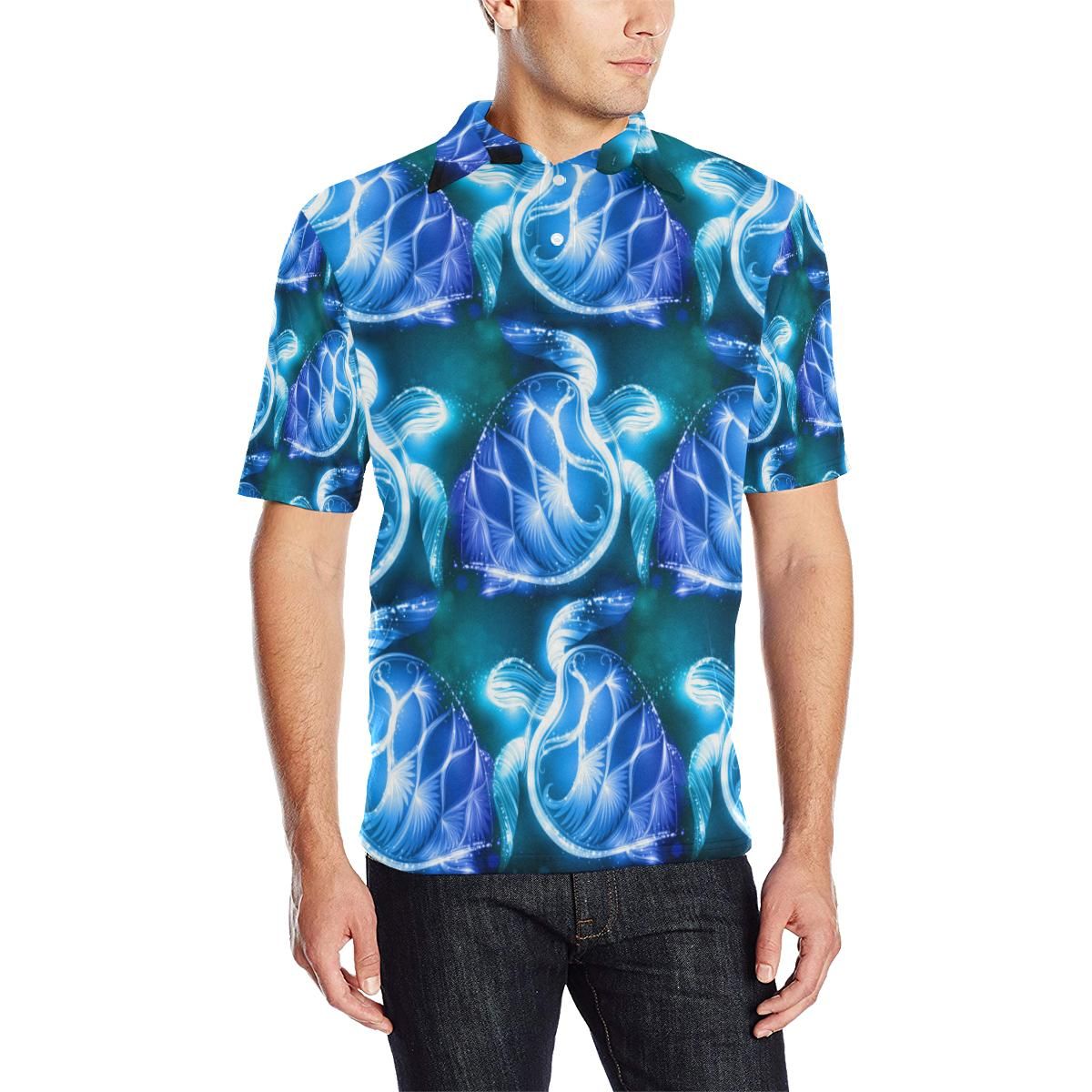 Blue Neon Sea Turtle Print Men Polo Shirt Blue Neon Sea Turtle Print Men Polo Shirt