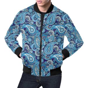 Blue Paisley Pattern Print Mens Bomber Jacket
