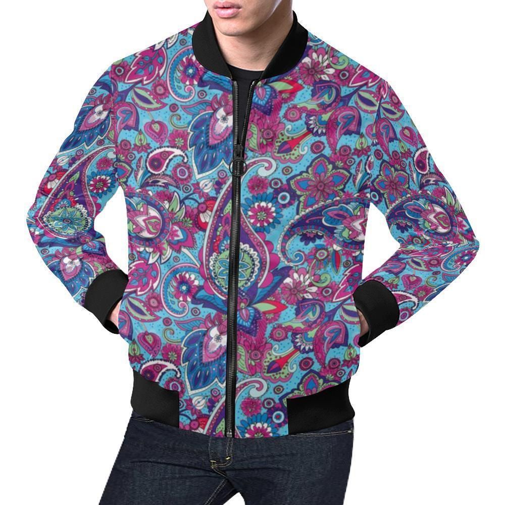 Blue Purple Red Paisley Pattern Print Mens Bomber Jacket Blue Purple Red Paisley Pattern Print Mens Bomber Jacket