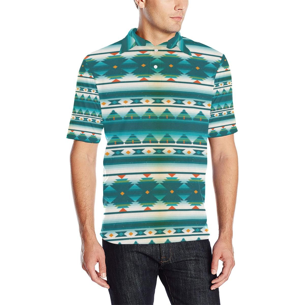 Blue Tribal Aztec Men Polo Shirt Blue Tribal Aztec Men Polo Shirt
