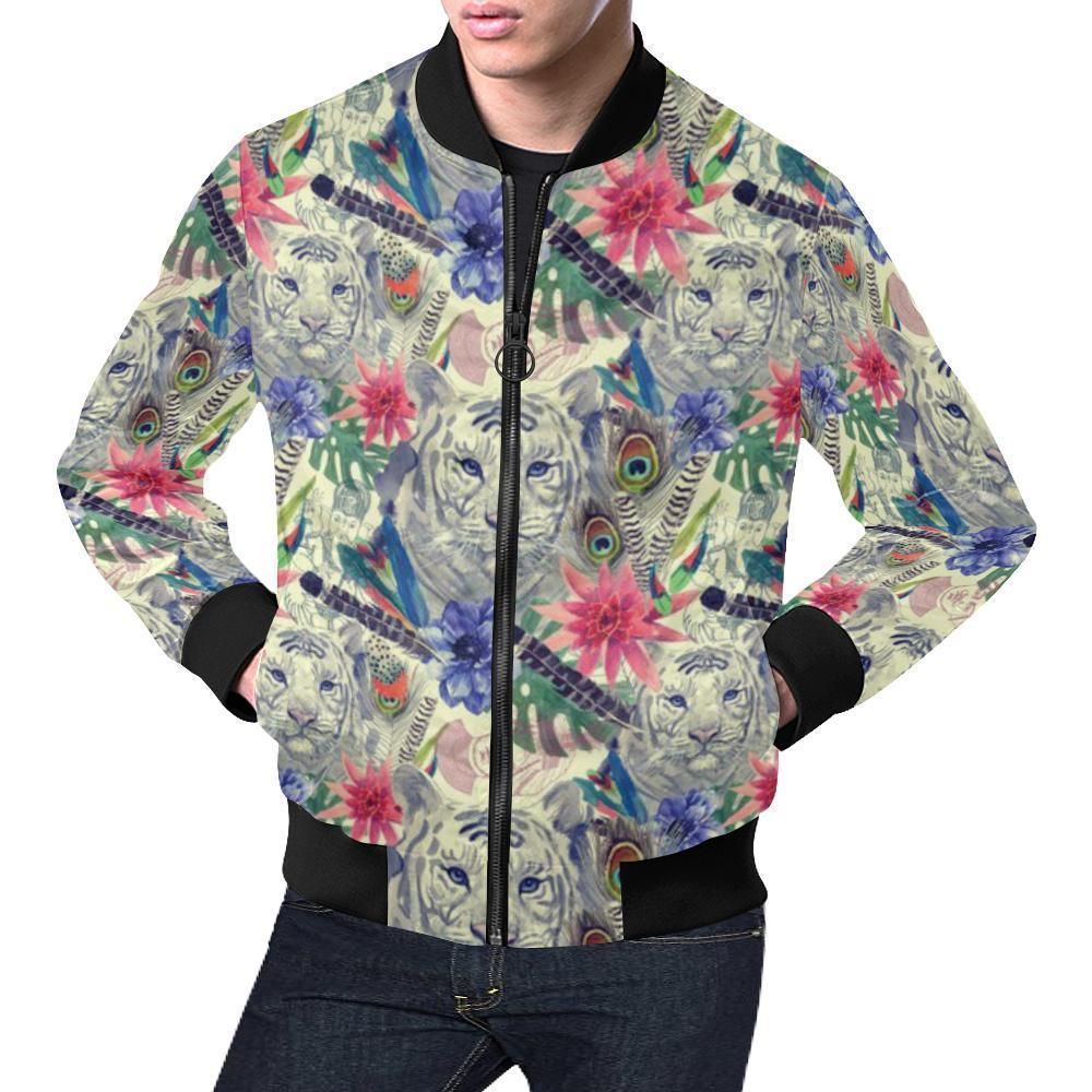 Bohemian White Tiger Pattern Print Mens Bomber Jacket Bohemian White Tiger Pattern Print Mens Bomber Jacket