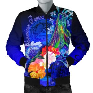 Bomber Jacket American Samoa Polynesian - Humpback Whale with Tropical Flowers (Blue)- BN18 Bomber Jacket