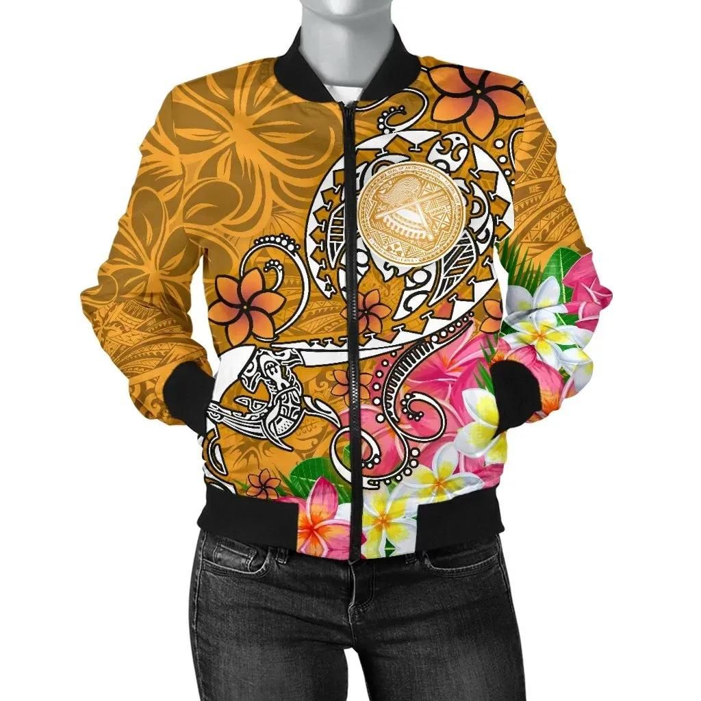 Bomber Jacket American Samoa Polynesian - Turtle Plumeria (Gold) - BN18 Bomber Jacket American Samoa Polynesian - Turtle Plumeria (Gold) - BN18