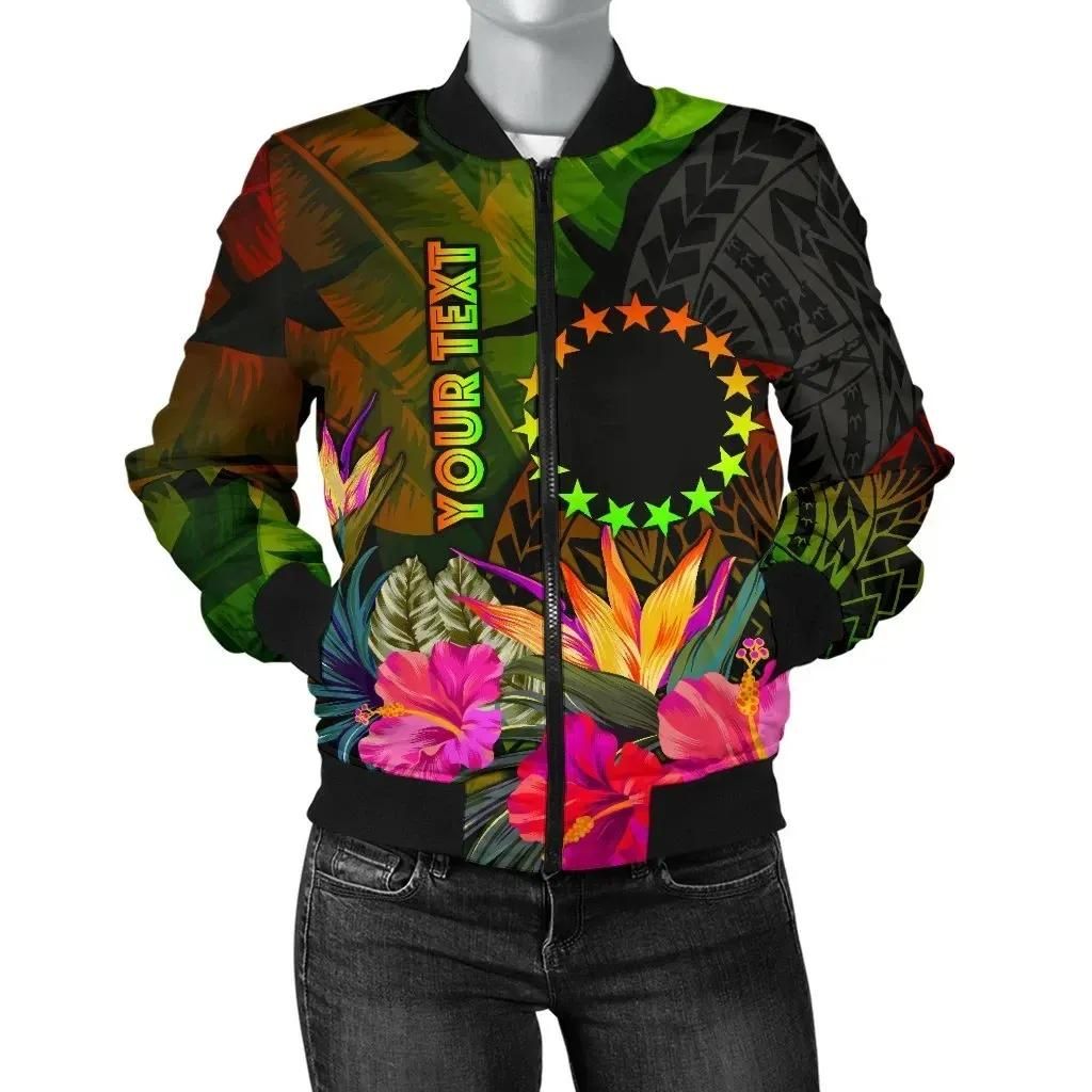 Bomber Jacket Cook Islands Polynesian Personalised - Hibiscus and Banana Leaves - BN15 Bomber Jacket Cook Islands Polynesian Personalised - Hibiscus and Banana Leaves - BN15