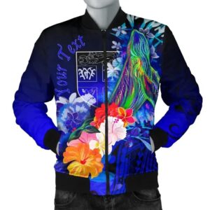 Bomber Jacket Fiji Custom Personalised - Humpback Whale with Tropical Flowers (Blue)- BN18 Bomber Jacket