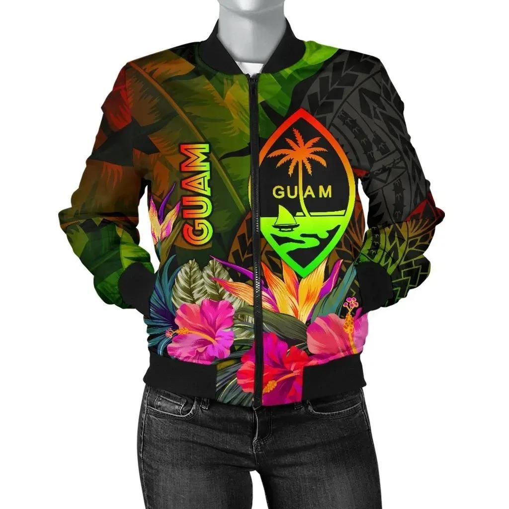 Bomber Jacket Guam Polynesian - Hibiscus and Banana Leaves - BN15 Bomber Jacket Bomber Jacket Guam Polynesian - Hibiscus and Banana Leaves - BN15 Bomber Jacket