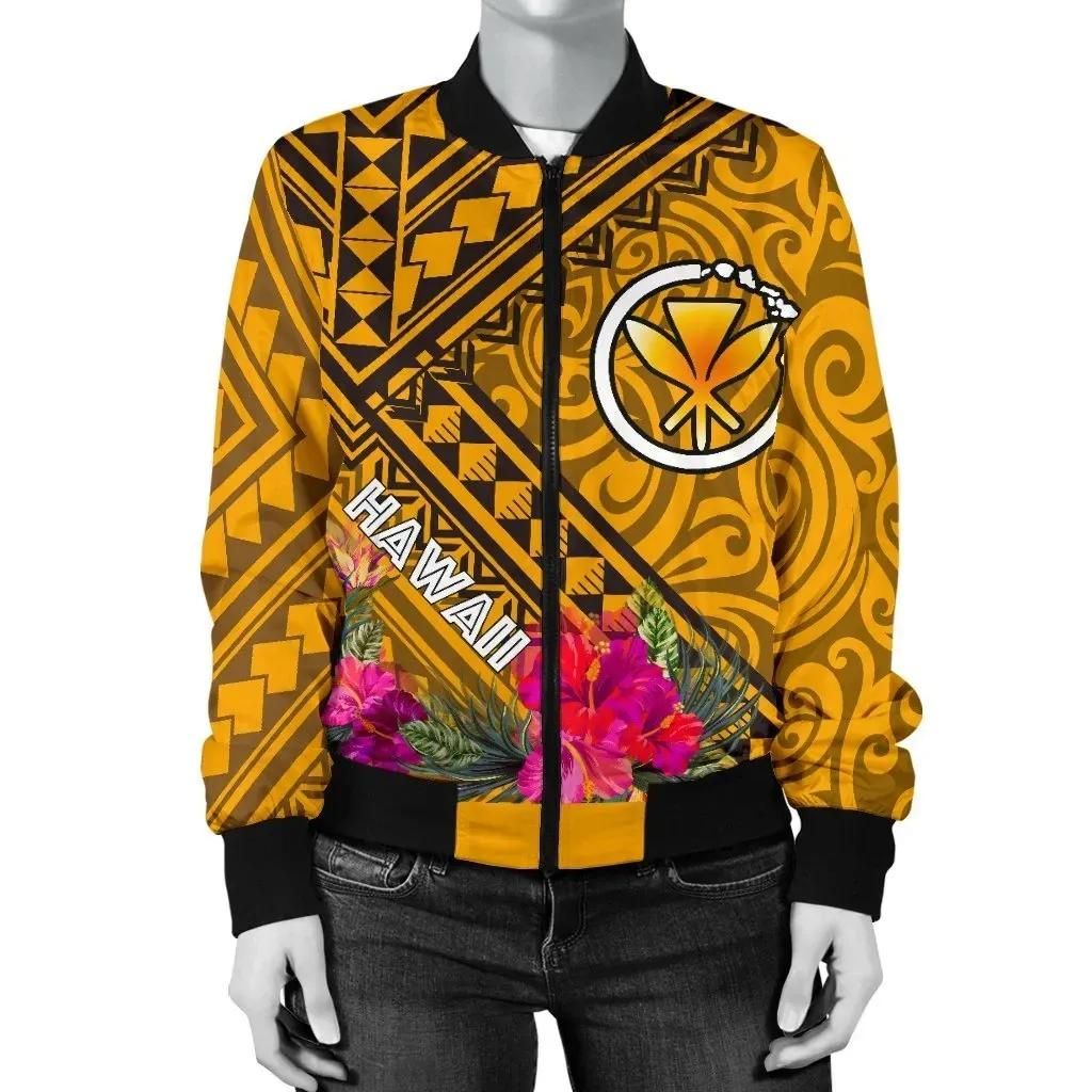 Bomber Jacket Hawaii - Kanaka Maoli With Hibiscus On Polynesian Patterns (YELLOW) - BN25 Bomber Jacket Bomber Jacket Hawaii - Kanaka Maoli With Hibiscus On Polynesian Patterns (YELLOW) - BN25 Bomber Jacket