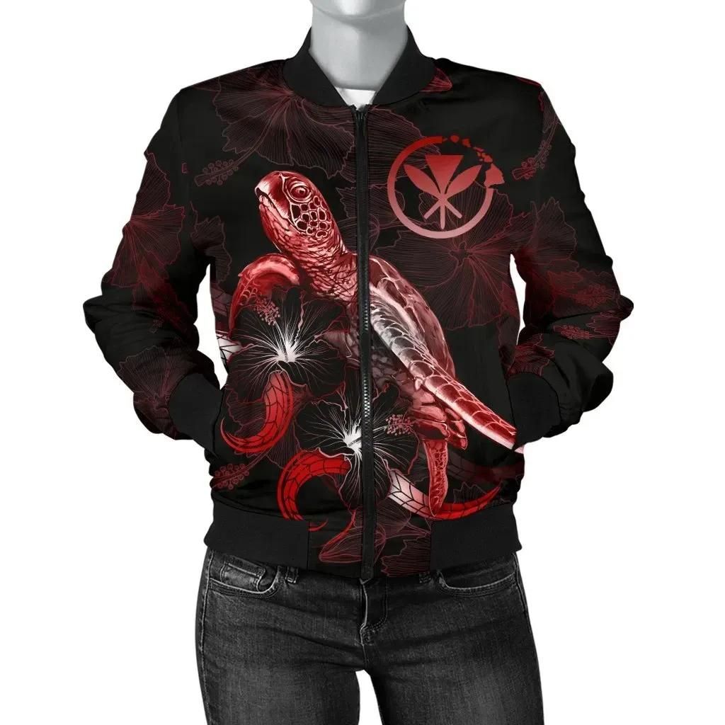 Bomber Jacket Hawaii Polynesian - Turtle With Blooming Hibiscus Red - BN22 Bomber Jacket Hawaii Polynesian - Turtle With Blooming Hibiscus Red - BN22